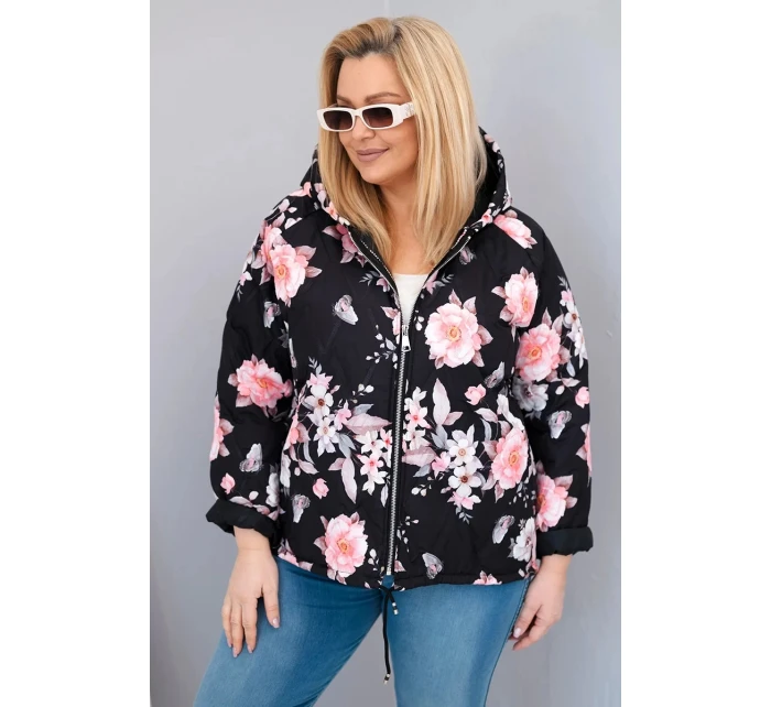 Dámská jarní prošívaná bunda Plus Size s kapucí a květinovým vzorem černá