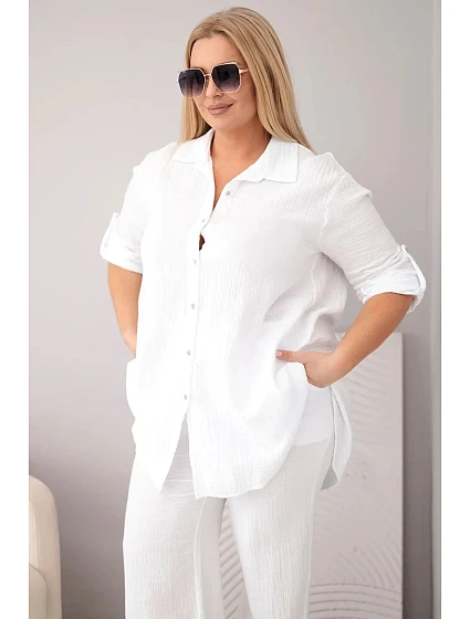 Dámský komplet Plus Size s košilí na knoflíky a kalhotami se širokými nohavicemi bílý model 22069915 - K-Fashion