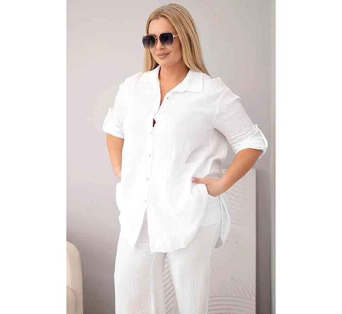 Dámský komplet Plus Size s košilí na knoflíky a kalhotami se širokými nohavicemi bílý model 22069915 - K-Fashion