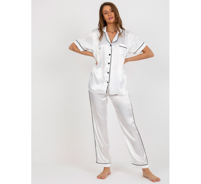 Dámské bílé saténové pyžamo s košilí a kalhotami