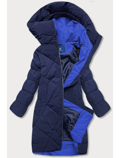 Tmavě modrá delší dámská zimní bunda s vysokým stojáčkem (J9-067)