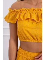 Vyšívaná souprava s hořčicovou halenkou s puntíky