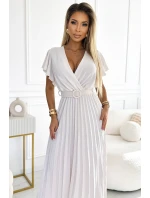 585-1 Plisowana letnia sukienka midi z dekoltem i szerokim paskiem - ECRU 585-1 Plisowana letnia sukienka midi z dekoltem i szerokim paskiem - ECRU