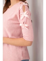Svetr dámský s krátkým rukávem a ozdobnými mašlemi tmavě pudrově růžový