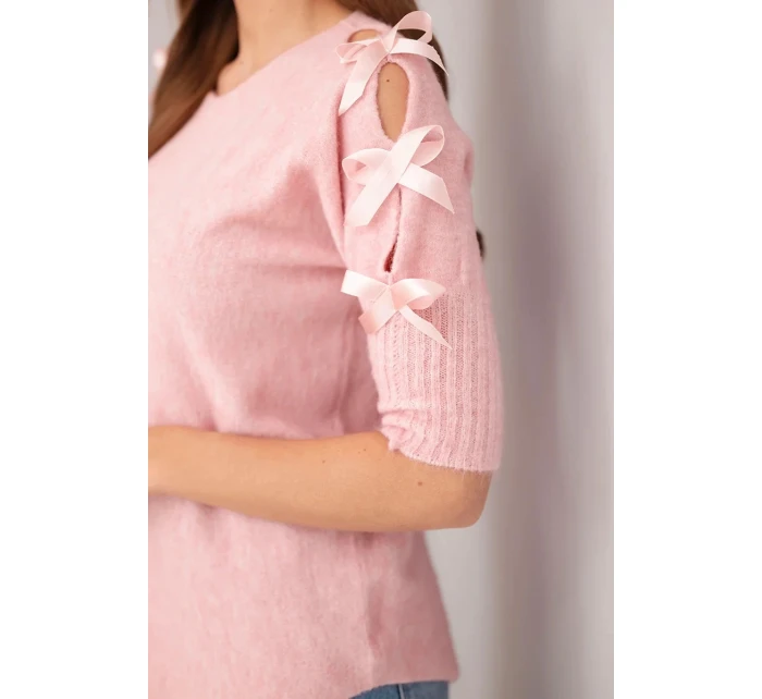 Svetr dámský s krátkým rukávem a ozdobnými mašlemi tmavě pudrově růžový