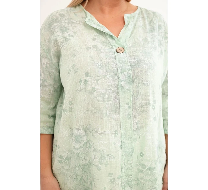 Dámská bavlněná halenka Plus Size s krátkým rukávem a ozdobným knoflíkem mentolová