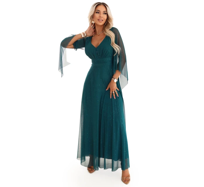 655-2 Dlouhé lehké třpytivé šaty s výstřihem a průhlednými rukávy - smaragdově zelené 655-2 Dlouhé lehké třpytivé šaty s výstřihem a průhlednými rukávy - smaragdově zelené
