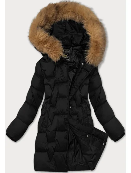 Černá dámská zimní bunda s ozdobnou kožešinou u kapuce Libland (LD-7789)