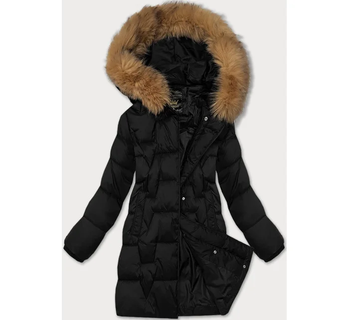 Černá dámská zimní bunda s ozdobnou kožešinou u kapuce Libland (LD-7789)