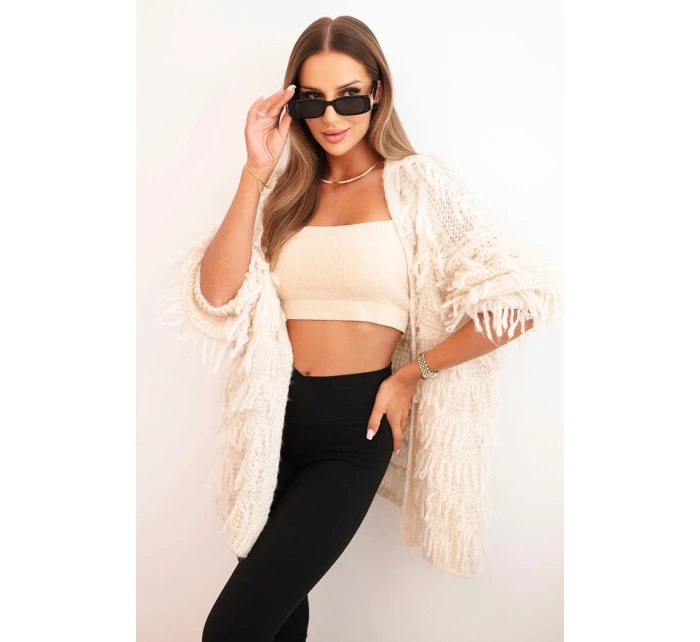 Dámský cardigan s třásněmi a volným střihem béžový