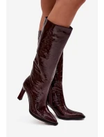 Kožené lakované dámské kozačky na podpatku s  bordó model 21713957 - D&A