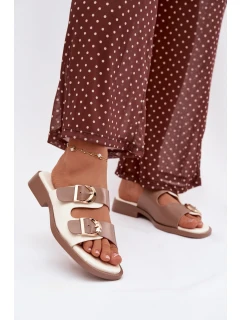 Dámské pantofle s zlatými sponami béžové model 21919181 - EVENTO