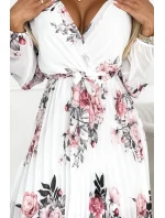 Bílé dámské plisované šaty se vzorem výstřihem, dlouhými rukávy a páskem model 22077518 - numoco basic