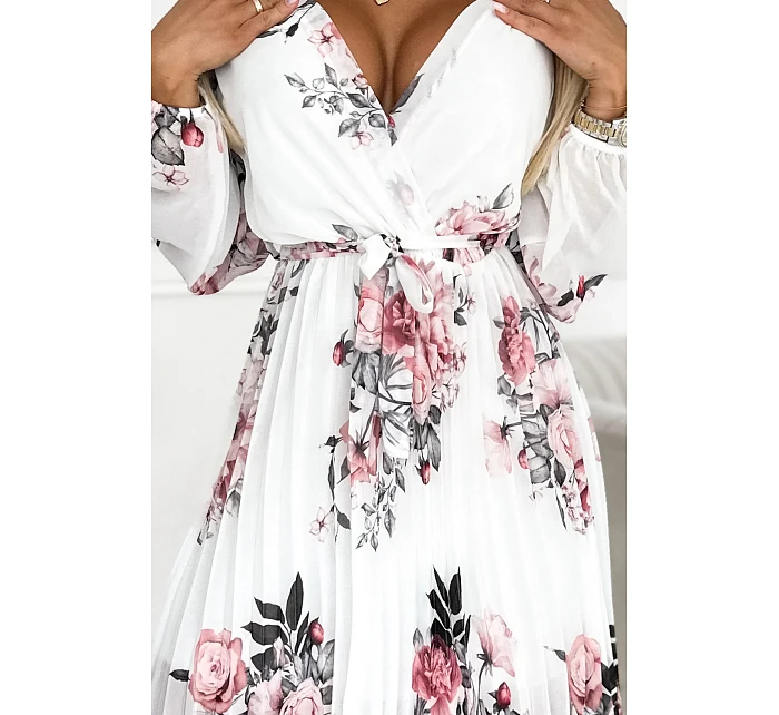 Bílé dámské plisované šaty se vzorem výstřihem, dlouhými rukávy a páskem model 22077518 - numoco basic