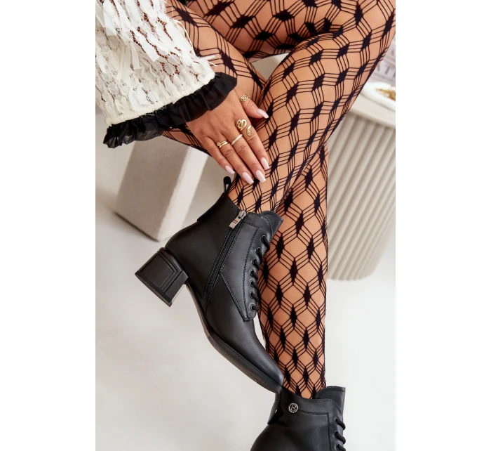 Dámské Botky Na Šněrování Na Podpatku Z Přírodní Kůže Zateplené Černé Vinceza 91110