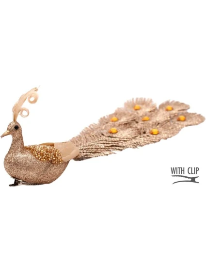 OZDOBNÝ PÁV NA SPONĚ NA CETKY ZLATÝ