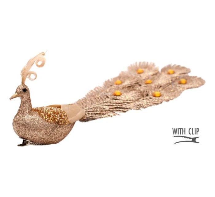 OZDOBNÝ PÁV NA SPONĚ NA CETKY ZLATÝ