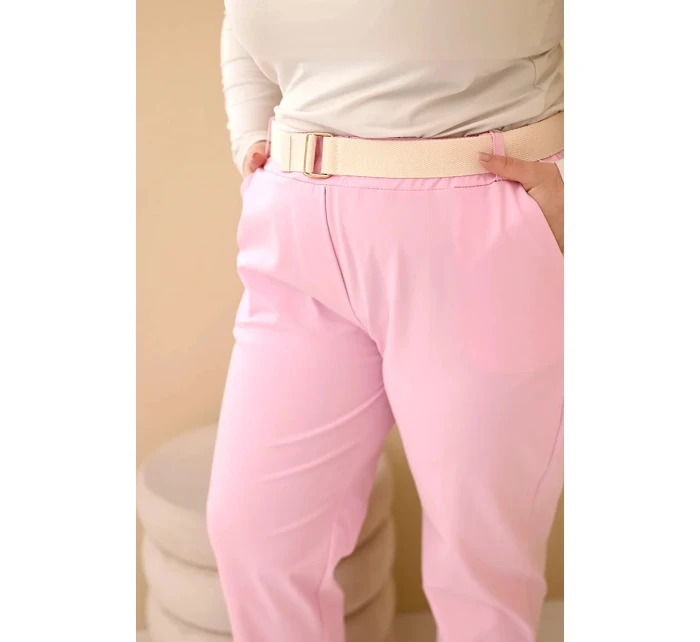 Dámské bavlněné kalhoty Plus Size s páskem světle růžové