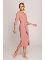 S396 Šaty se zavinovacími detaily ve střední délce - růžové