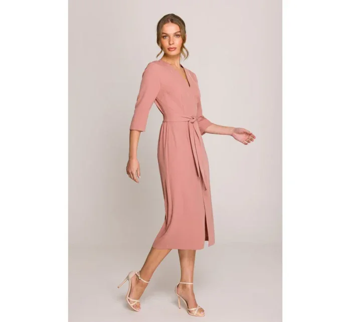 S396 Šaty se zavinovacími detaily ve střední délce - růžové