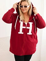 Dámská mikina Plus Size bavlněná s kapucí a velkým písmenem H bordová