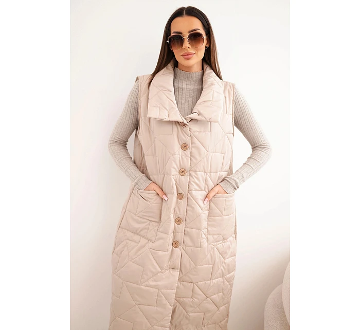 Dámská dlouhá prošívaná vesta s kapsami a stojáčkem tmavě béžová