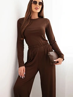 Dámský viskózový komplet s blůzou a širokými kalhotami hnědý
