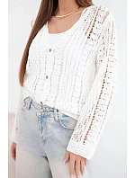 Dámský bavlněný ažurový svetr zapínaný na knoflíky s výstřihem do V bílý