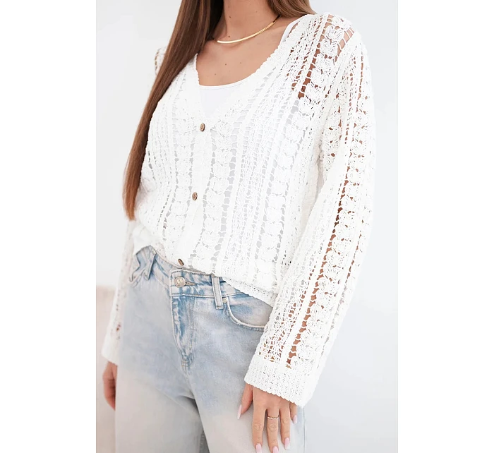 Dámský bavlněný ažurový svetr zapínaný na knoflíky s výstřihem do V bílý