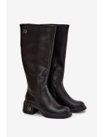 Kožené dámské kozačky na nízkém podpatku vyhřívané model 21710515 černé - VINCEZA