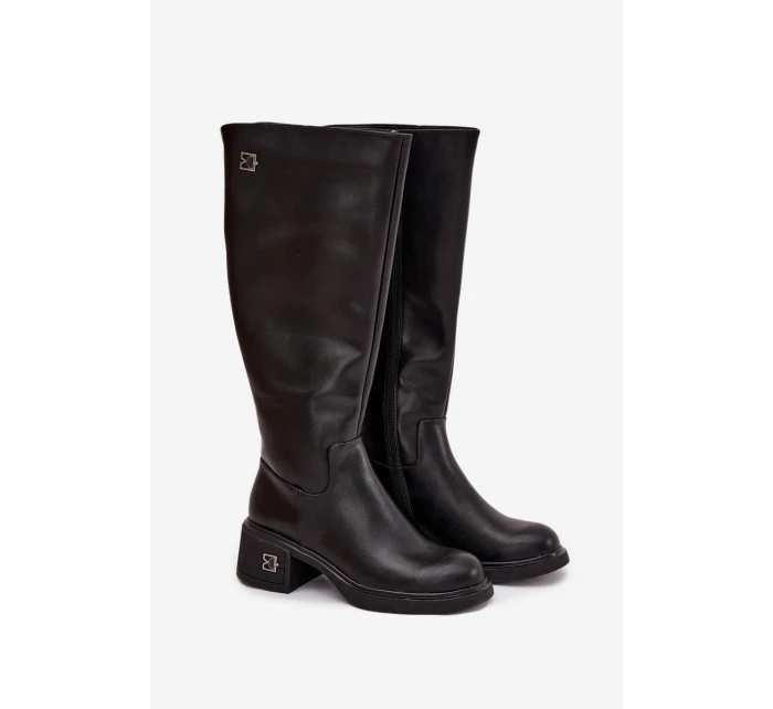 Kožené dámské kozačky na nízkém podpatku vyhřívané model 21710515 černé - VINCEZA