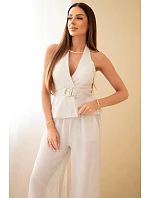 Dámská viskózová souprava s vázaným topem a kalhotami se širokými nohavicemi béžový