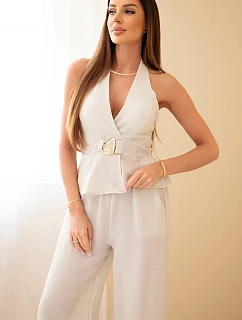 Dámská viskózová souprava s vázaným topem a kalhotami se širokými nohavicemi béžový