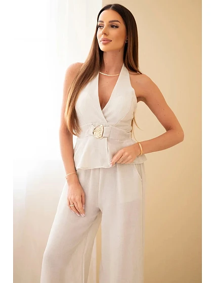 Dámská viskózová souprava s vázaným topem a kalhotami se širokými nohavicemi béžový