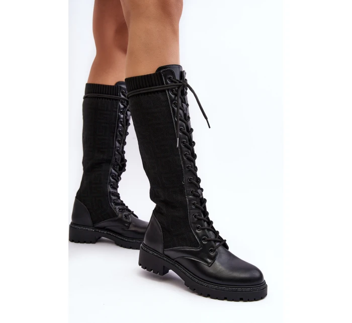 Dámské kozačky se šněrováním a elastickým svrškem černé model 21642236 - Boto
