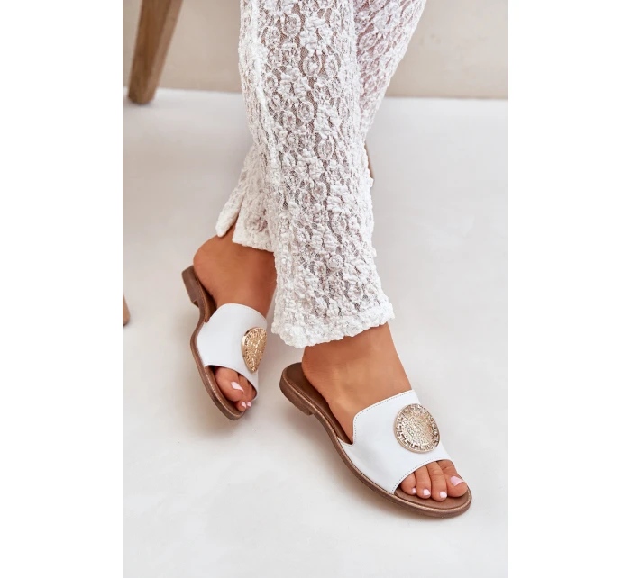 Kožené Pantofle S Dekorací Na Plochém Podpatku Bílé Zazoo model 21682298 - Boto Kožené Pantofle S Dekorací Na Plochém Podpatku Bílé Zazoo model 21682298 - Boto