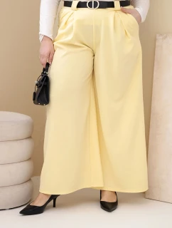 Dámské kalhoty Plus Size viskózové s širokou nohavicí a páskem žluté