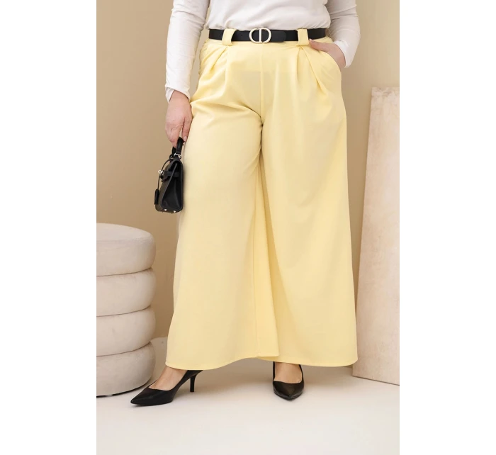 Dámské kalhoty Plus Size viskózové s širokou nohavicí a páskem žluté