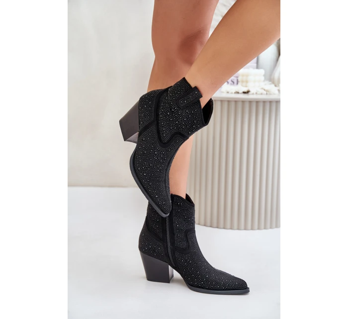 Ozdobené Kožené Botky Na Podpatku S Špičatými Nosky Černé S.Barski HY42-121