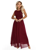 dlouhé maxi šaty s tylem a kulatým výstřihem – vínová model 22278796 - numoco basic