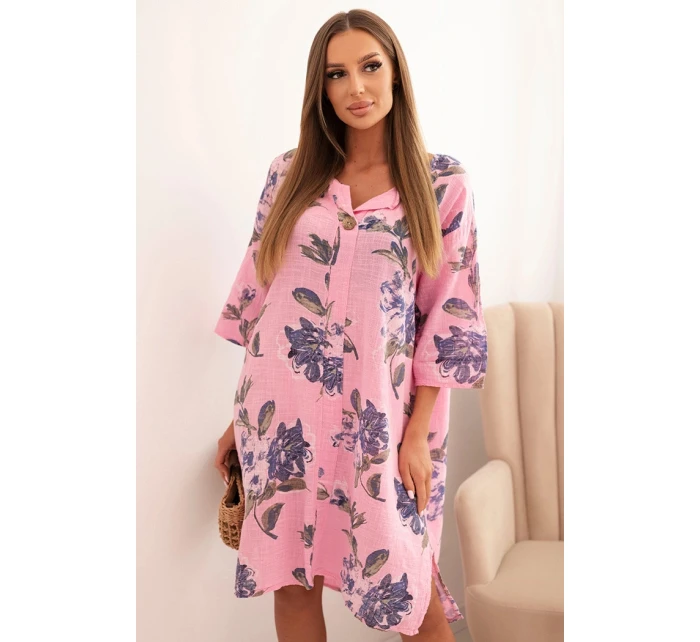 Dámská bavlněná šaty s květinovým vzorem a 3/4 rukávem světle růžová