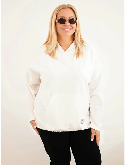 Dámská mikina Plus Size z viskózy s kapucí a klokankovou kapsou ecru Dámská mikina Plus Size z viskózy s kapucí a klokankovou kapsou ecru