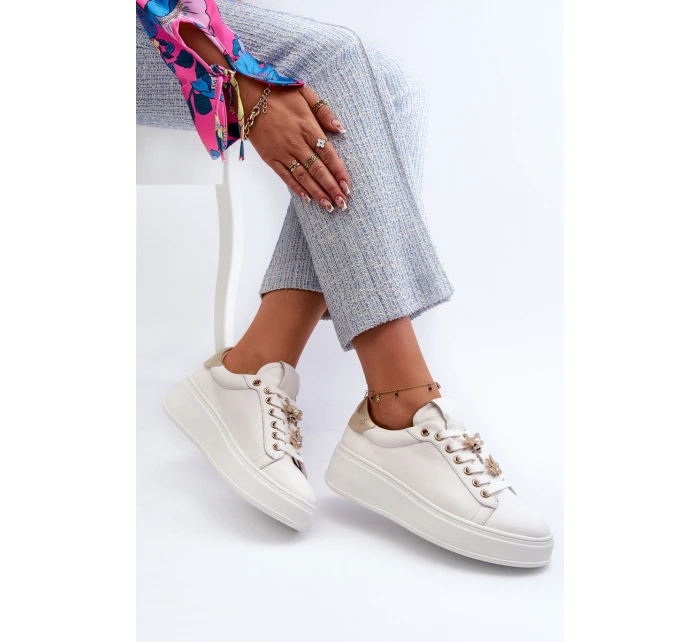 Dámské kožené tenisky na platformě s ozdobnými knoflíčky D&A SN67 Bílé