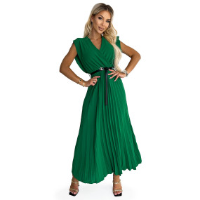 Zelené dámské plisované šaty s volánky, výstřihem a černým opaskem 485-1