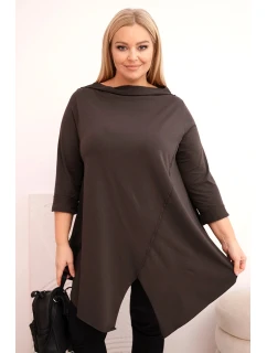 Dámská bavlněná blůza Plus Size asymetrická s ohrnutým rukávem hnědá