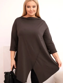 Dámská bavlněná blůza Plus Size asymetrická s ohrnutým rukávem hnědá