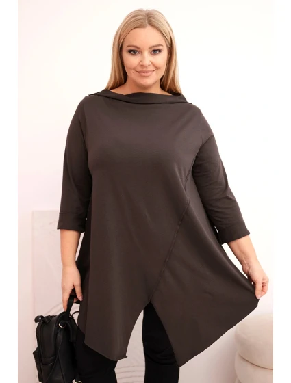Dámská bavlněná blůza Plus Size asymetrická s ohrnutým rukávem hnědá