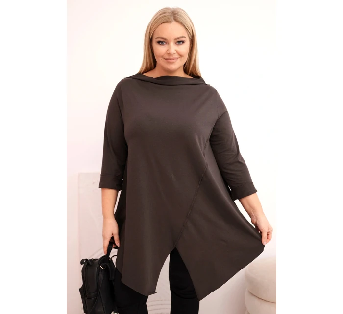 Dámská bavlněná blůza Plus Size asymetrická s ohrnutým rukávem hnědá