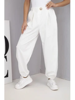 Dámské bavlněné kalhoty s vysokým pasem a ozdobným knoflíkem ecru