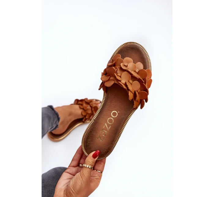 Zazoo 40381 Dámské Kožené Žabky Na Ploché Podrážce Hnědé